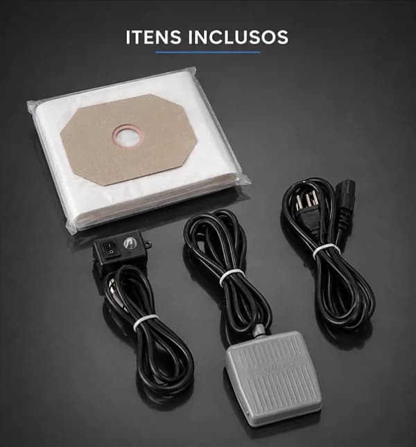 Itens inclusos do aspirador Sikhon: sacos filtrantes, pedal e cabos